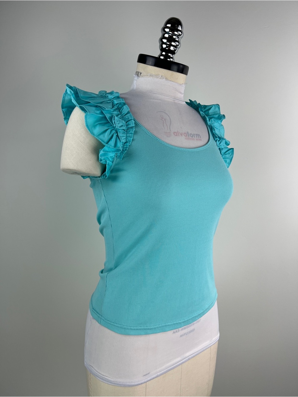 💚 3644. Ruffled Sleeve Ribbed Tank Top - Teal - Picture 2 of 7